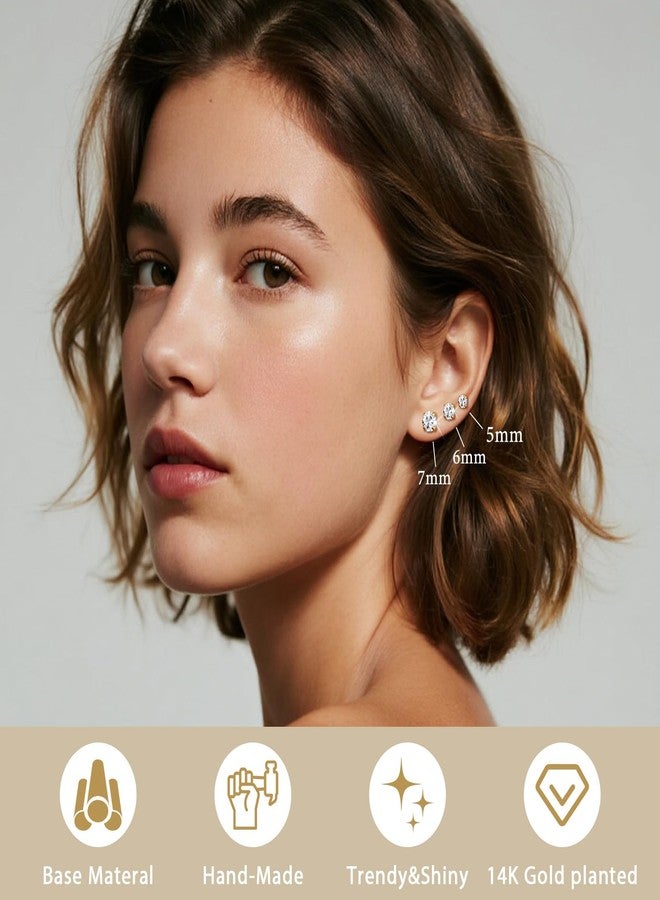davka 7 Pairs 20G Flat Back Stud Earrings for Women Men Hypoallergenic 14K Gold Plated Surgical Steel Stack Cartilage Earrings for Multiple Piercing Sensitive Ears Bonus Plum Blossom FlatBack Studs CZ 2-8mm - Image 3